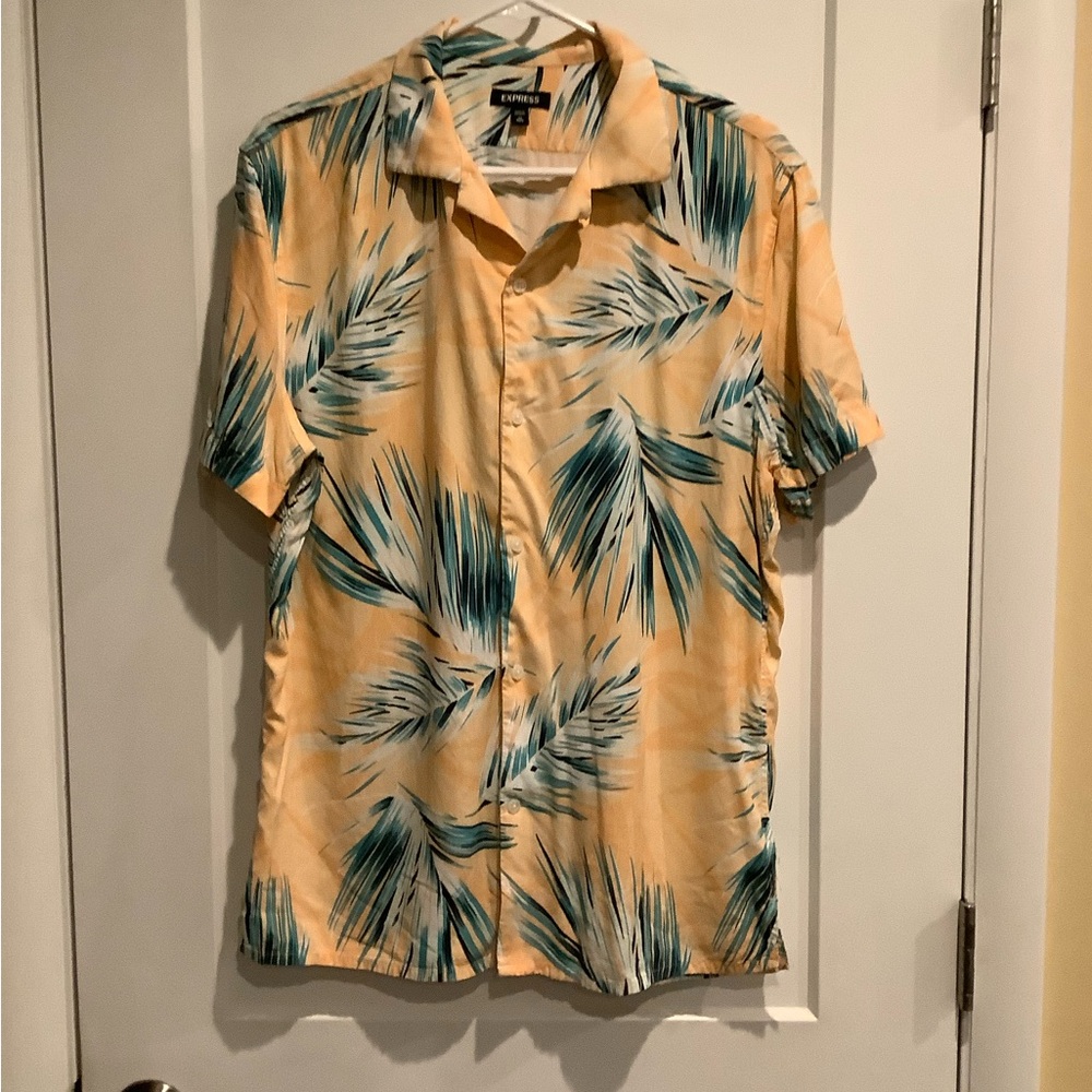 Express Men's Tropical Print Shirt - Peach and Teal